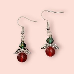 Elegant Geeen Crystal  and Red Jade Angel Earrings